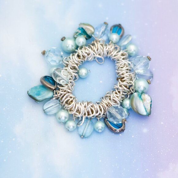 Vintage Blue Pearls Stone Rock Gems Unkempt Chain Link Bracelet | 6 inch | J29 - Picture 1 of 3